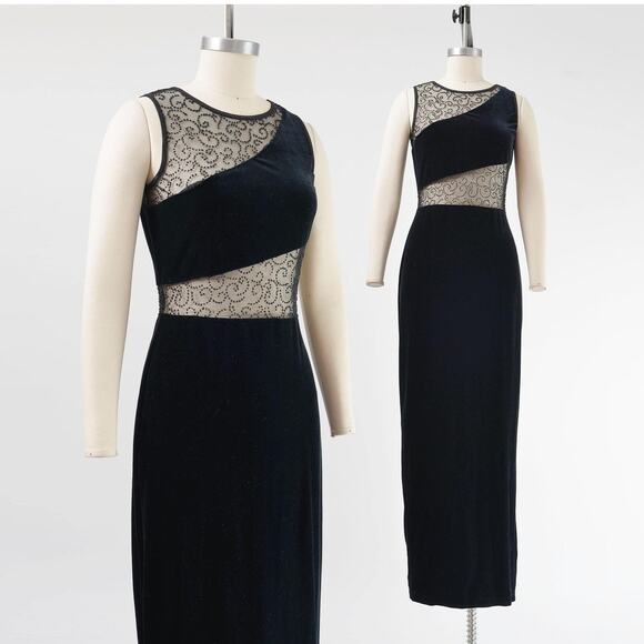 Vintage 90s Black Velvet Sheer Mesh Cut Out Tight Stretch Velvet Maxi Dress